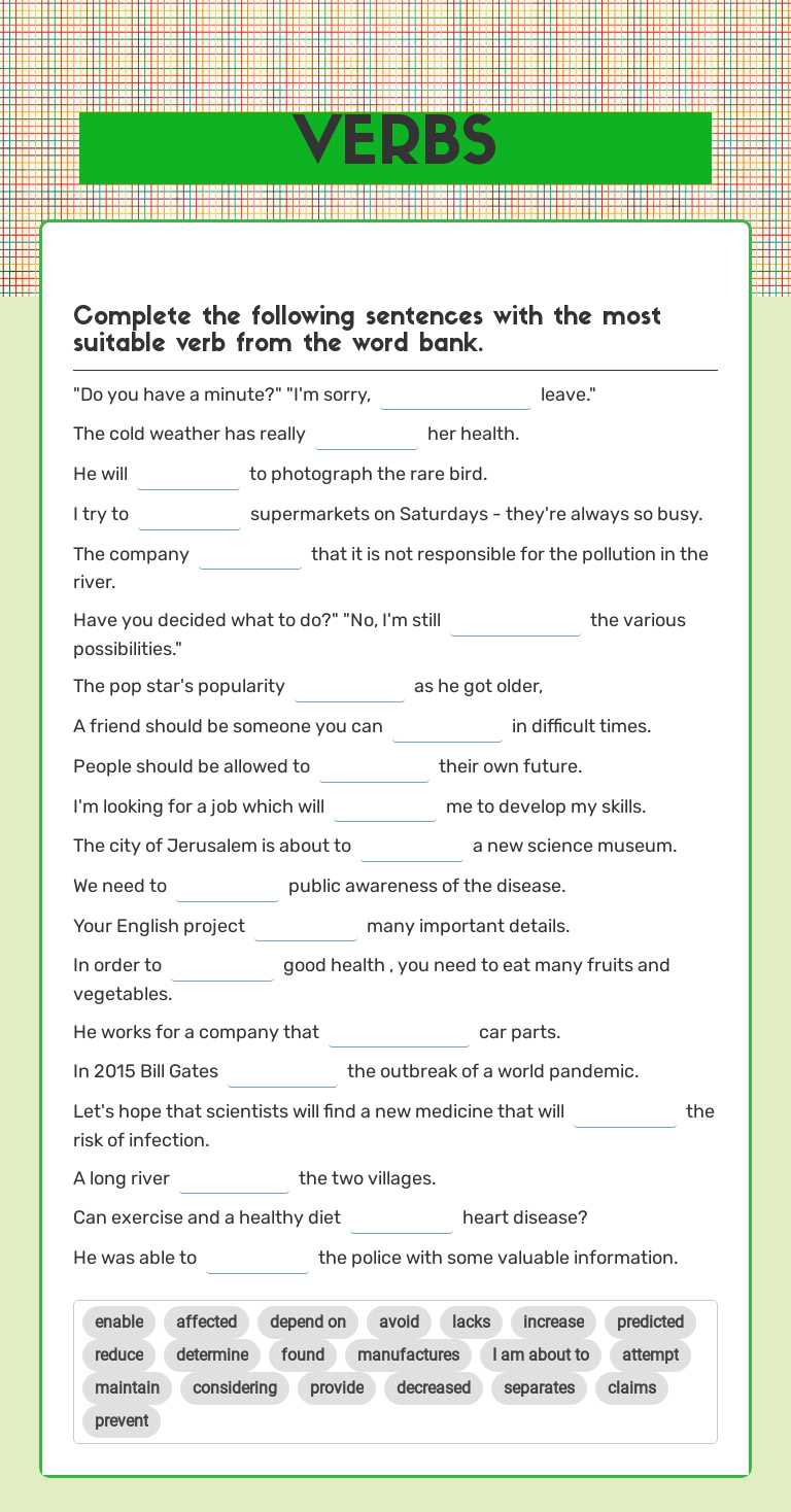 VERBS Grade 11 worksheet preview