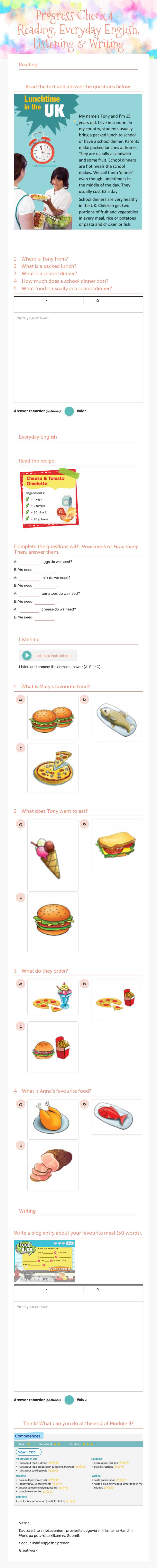 Progress Check 4 - Reading, Everyday English, Listening &  Writing worksheet preview image