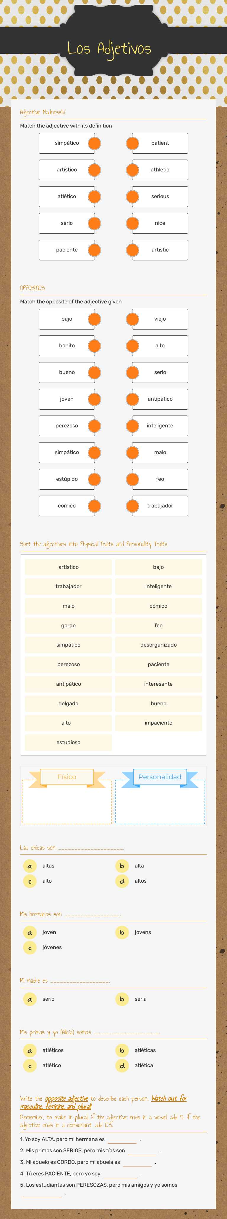 Los Adjetivos Grade 10 worksheet preview