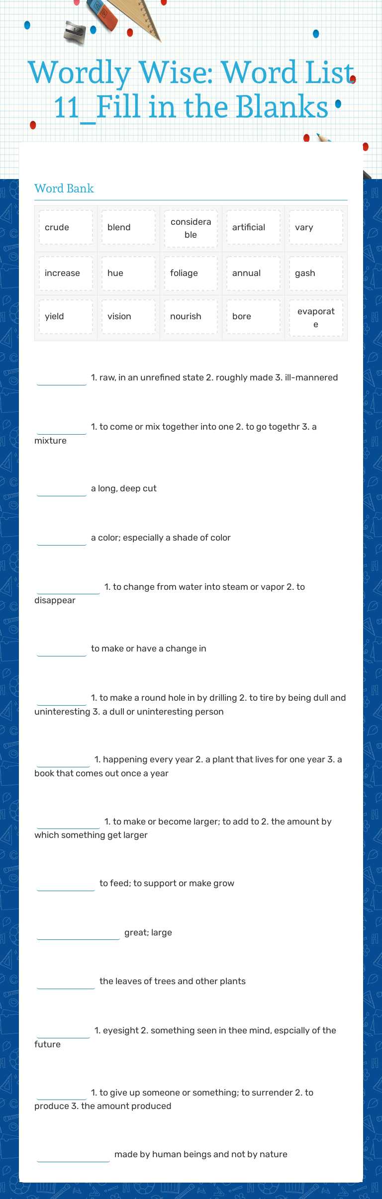 Wordly Wise:  Word List 11_Fill in the Blanks worksheet preview image