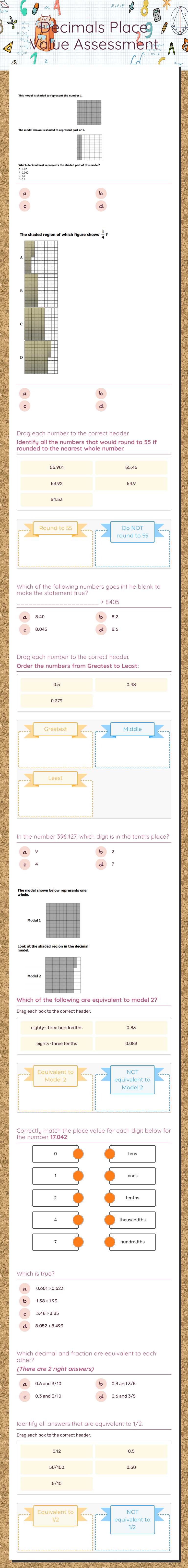 Decimals Place Value Assessment Grade 4 worksheet preview
