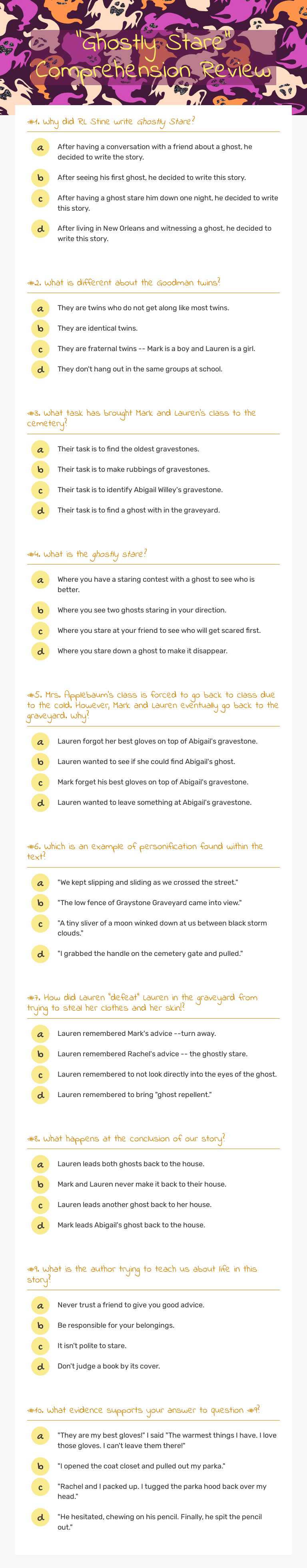 "Ghostly Stare" Comprehension Review worksheet preview image