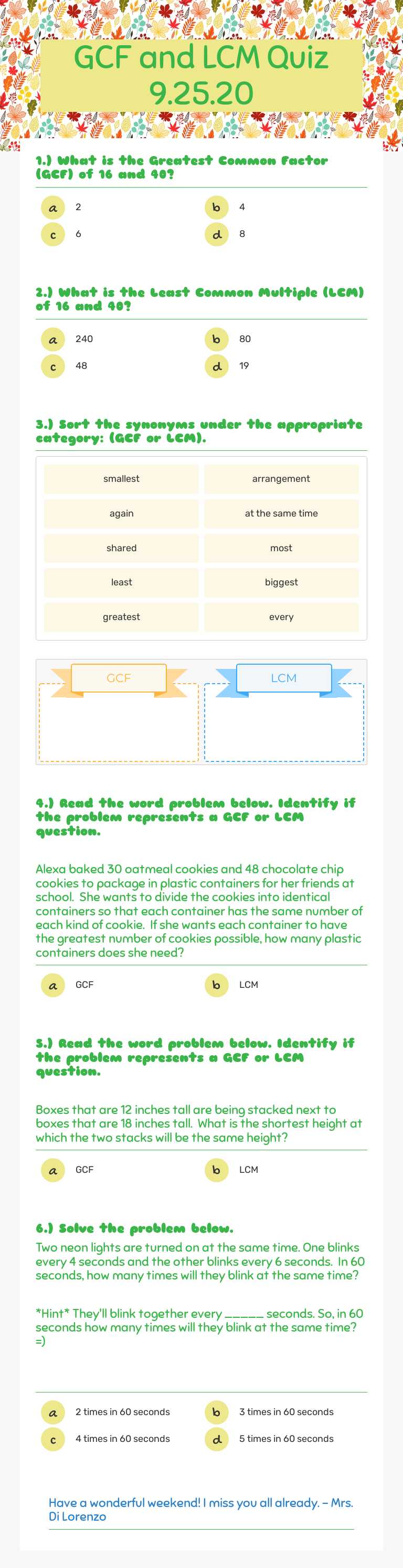 GCF and LCM Quiz
9.25.20 worksheet preview image