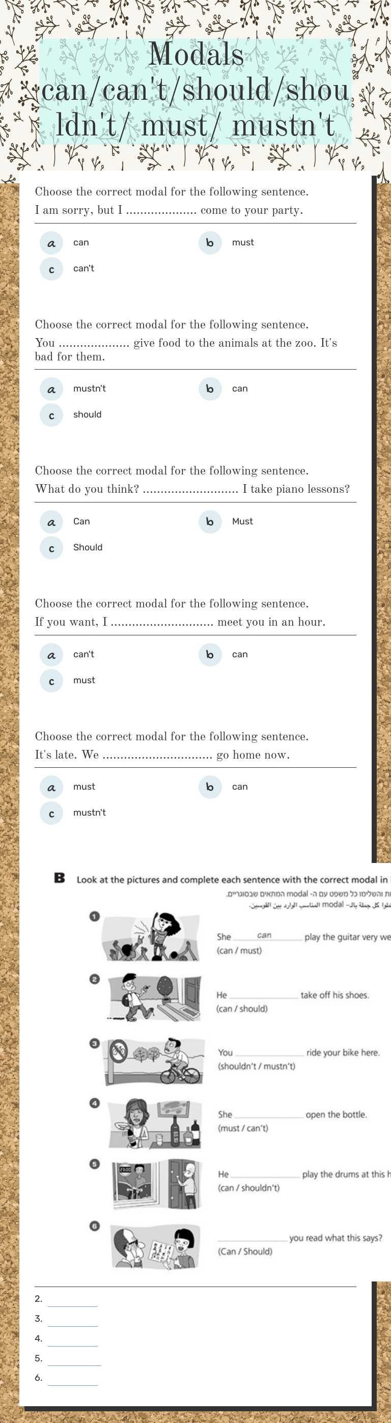 Modals can/can't/should/shouldn't/ must/ mustn't Grade 8 worksheet preview