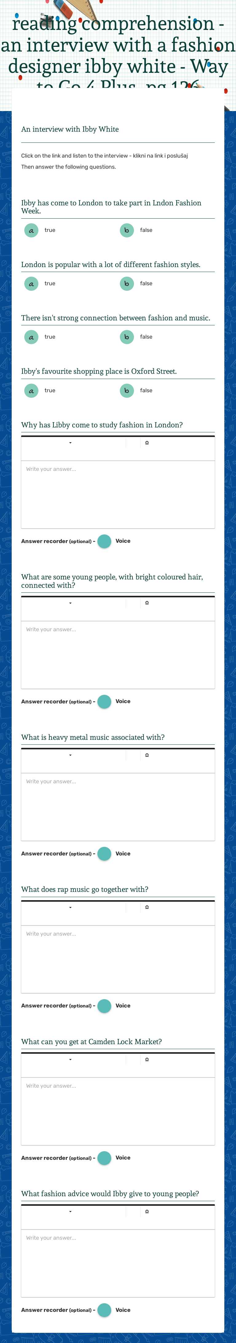 reading comprehension - an interview with a fashion designer ibby white - Way to Go 4 Plus- pg 126 worksheet preview image
