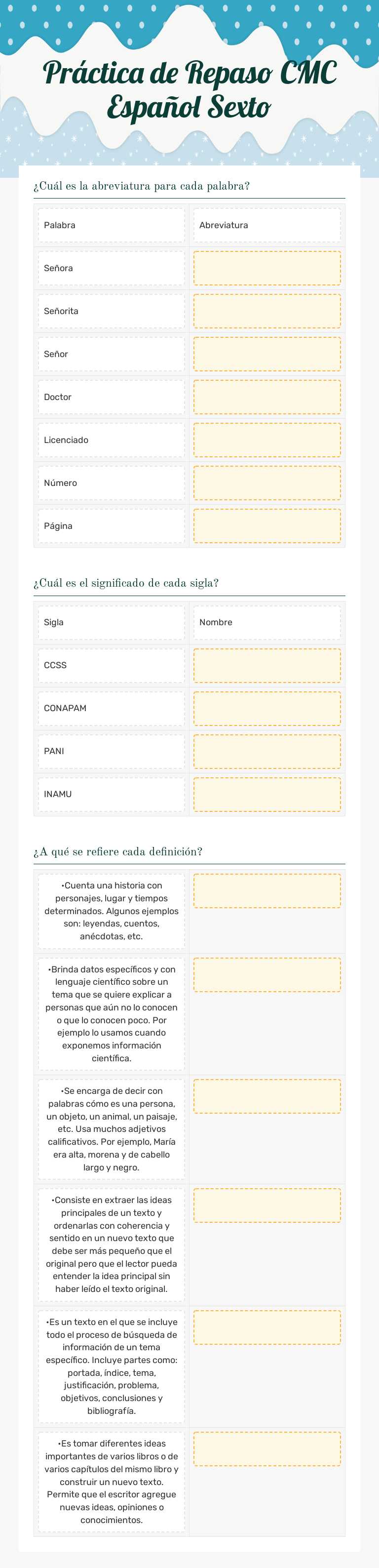 Práctica de Repaso CMC Español Sexto Grade 6 worksheet preview