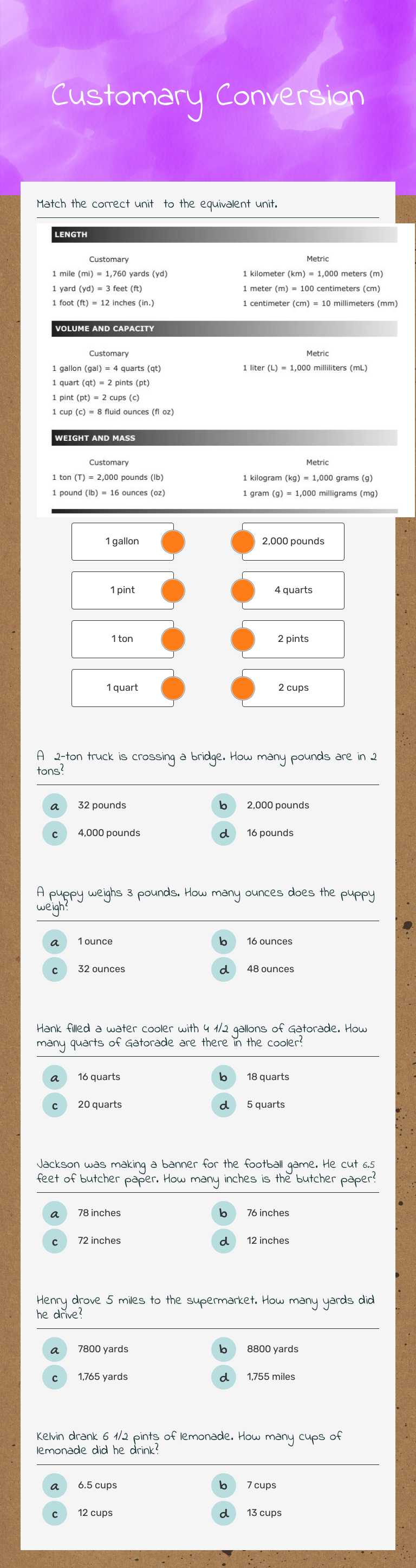 Customary Conversion by Tiffany Young | Interactive Worksheet | Wizer.me