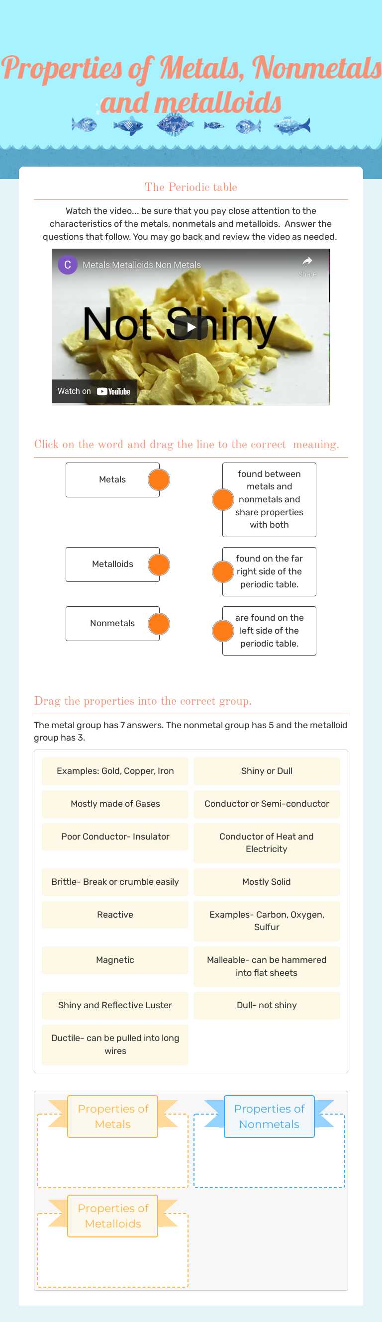 Properties of Metals, Nonmetals and metalloids worksheet preview