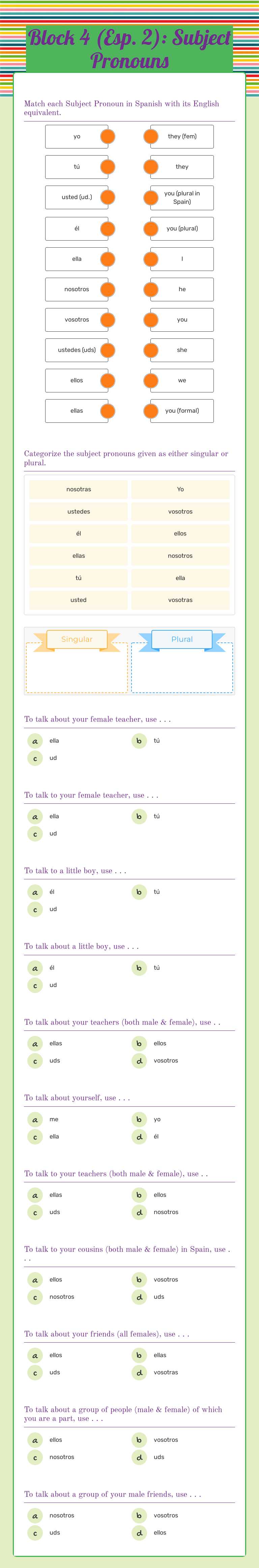 Block 4 (Esp. 2): Subject Pronouns worksheet preview image