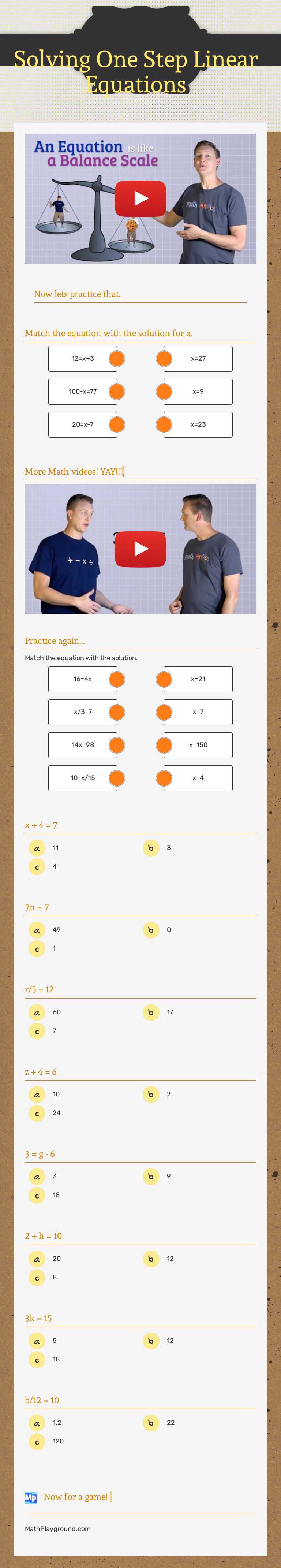 Solving One Step Linear Equations worksheet preview image