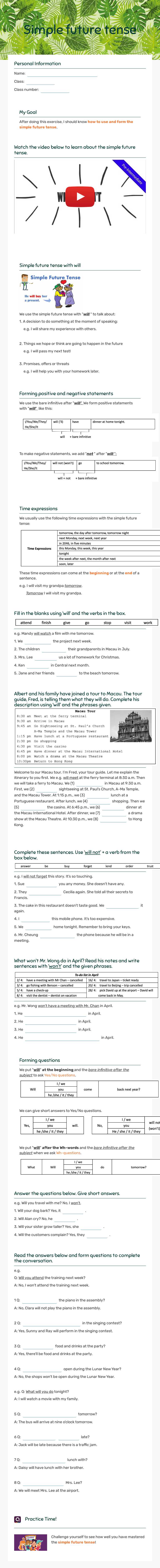 Simple future tense Grade 7 worksheet preview