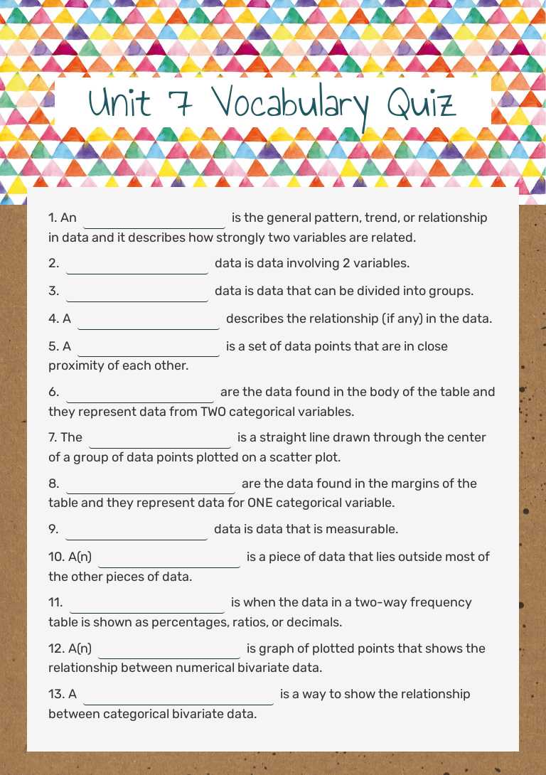 Unit 7 Vocabulary Quiz worksheet preview image