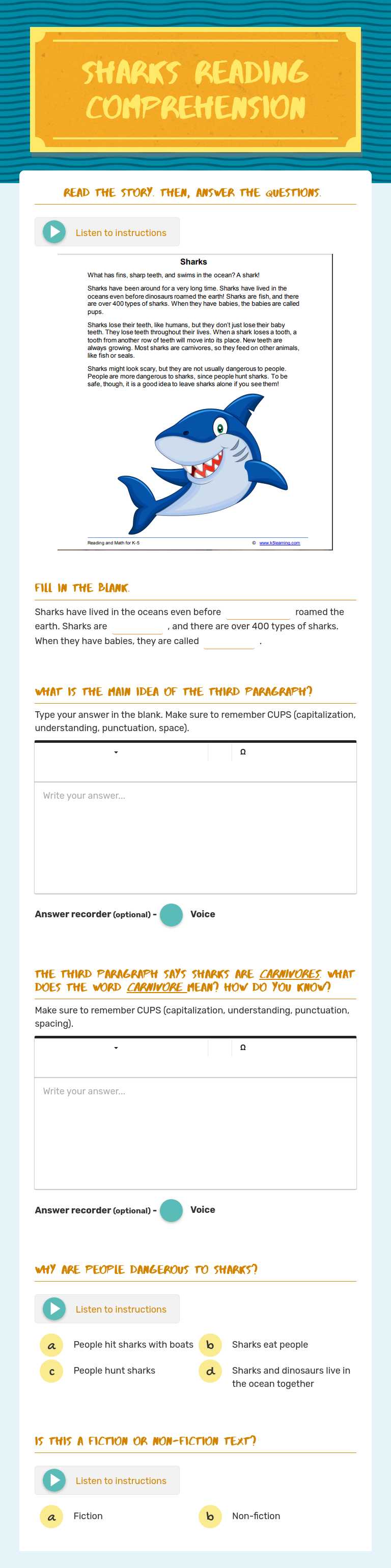 Sharks 
Reading Comprehension Grade 2 worksheet preview