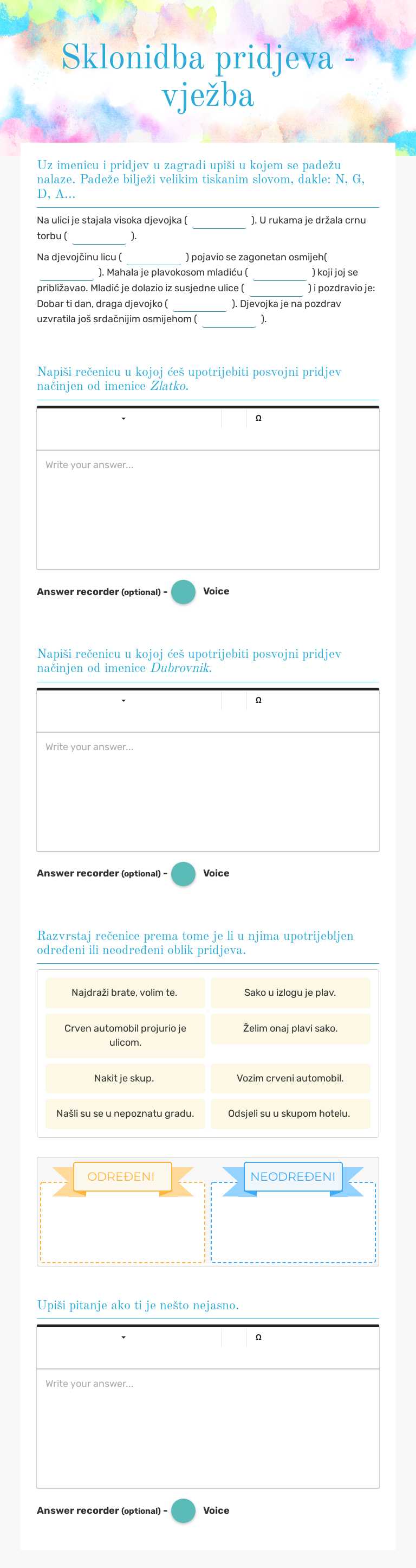 Sklonidba pridjeva - vježba worksheet preview image