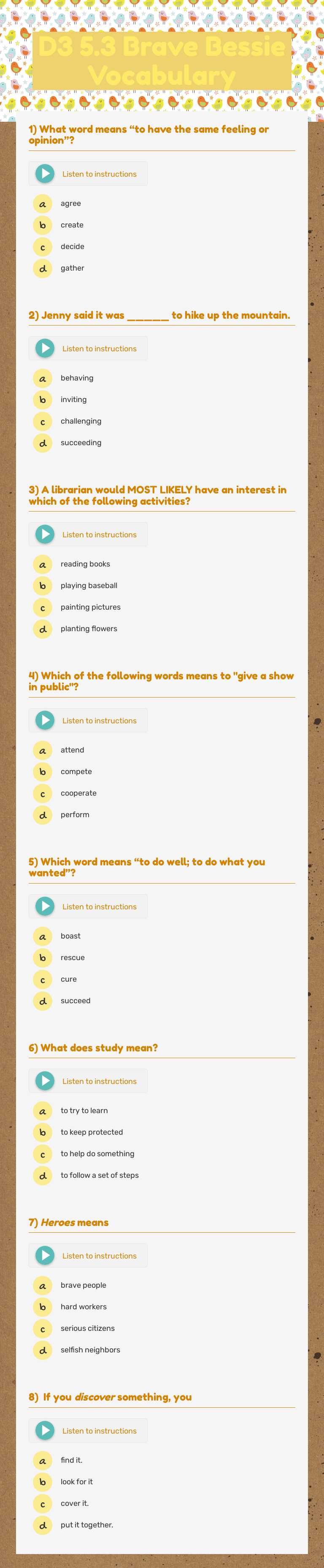 D3 5.3 Brave Bessie Vocabulary Grade 2 worksheet preview