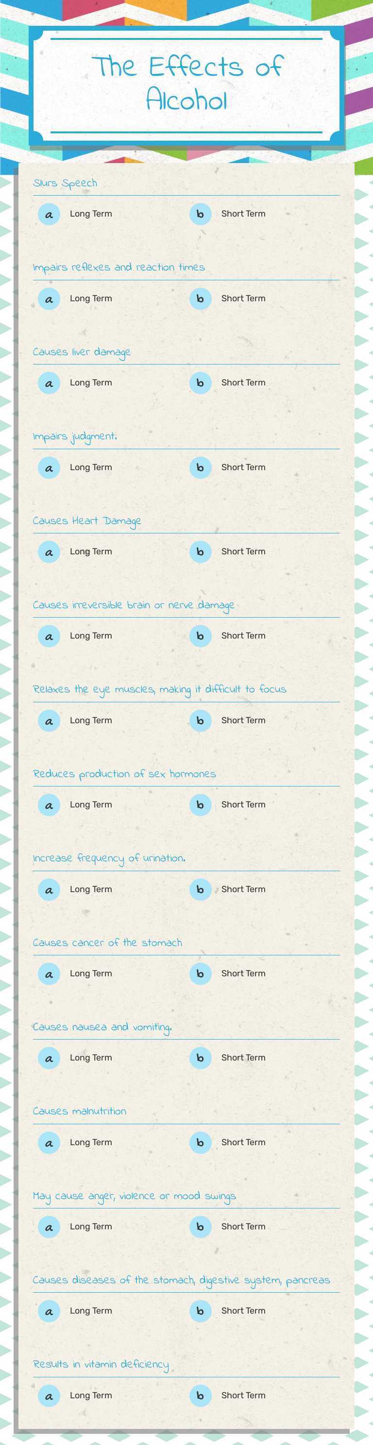 The Effects of Alcohol worksheet preview image