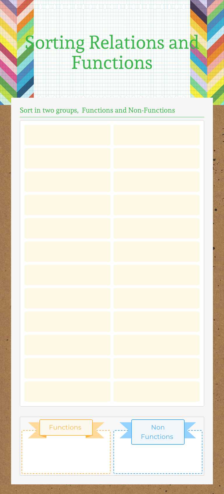 Sorting Relations and Functions worksheet preview image