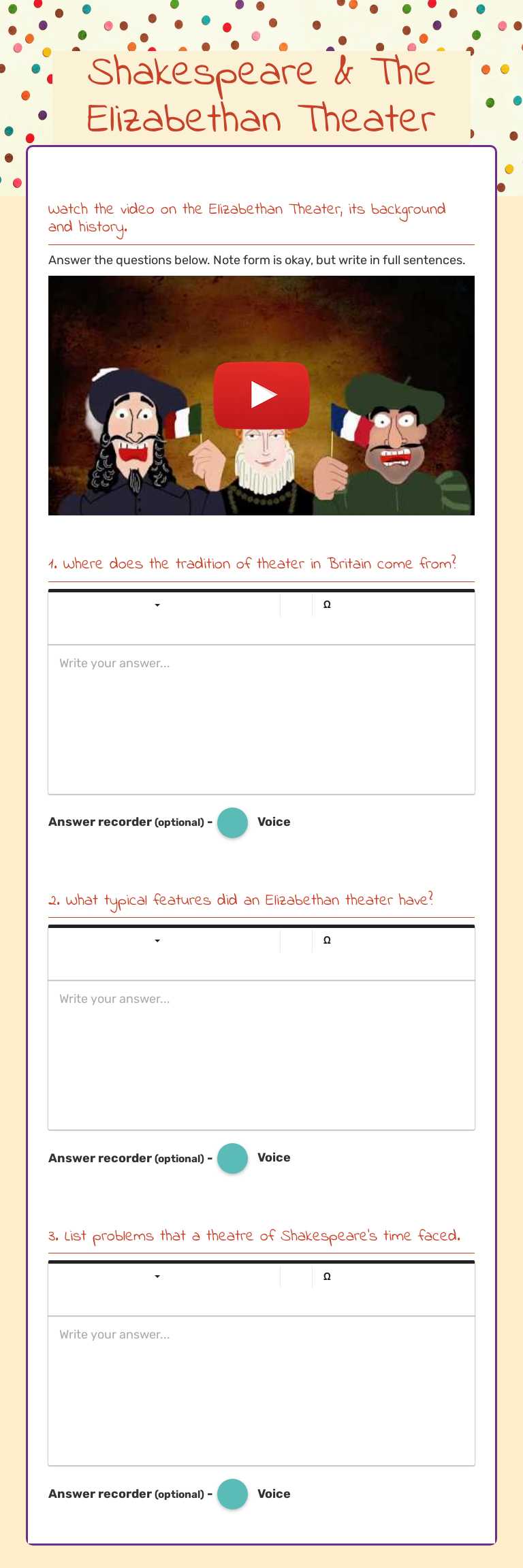 Shakespeare & The Elizabethan Theater worksheet preview image