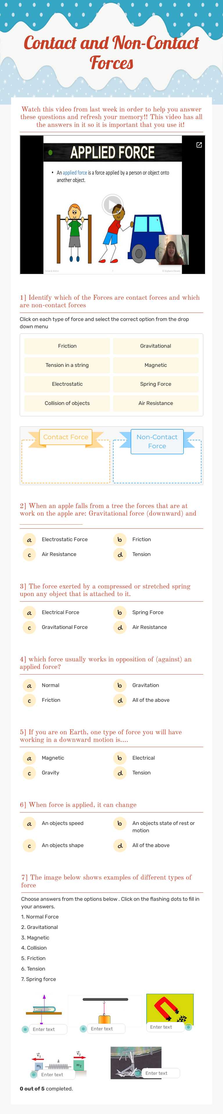 Contact and Non-Contact Forces worksheet preview image