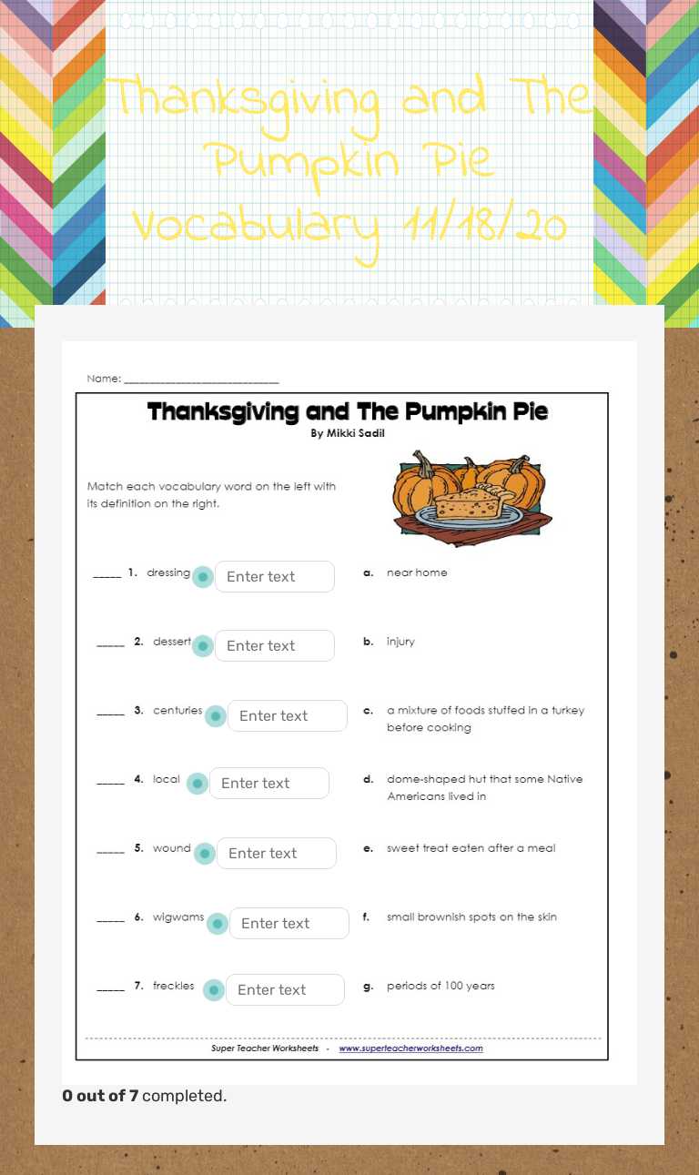 Thanksgiving and The Pumpkin Pie Vocabulary 11/18/20 worksheet preview image