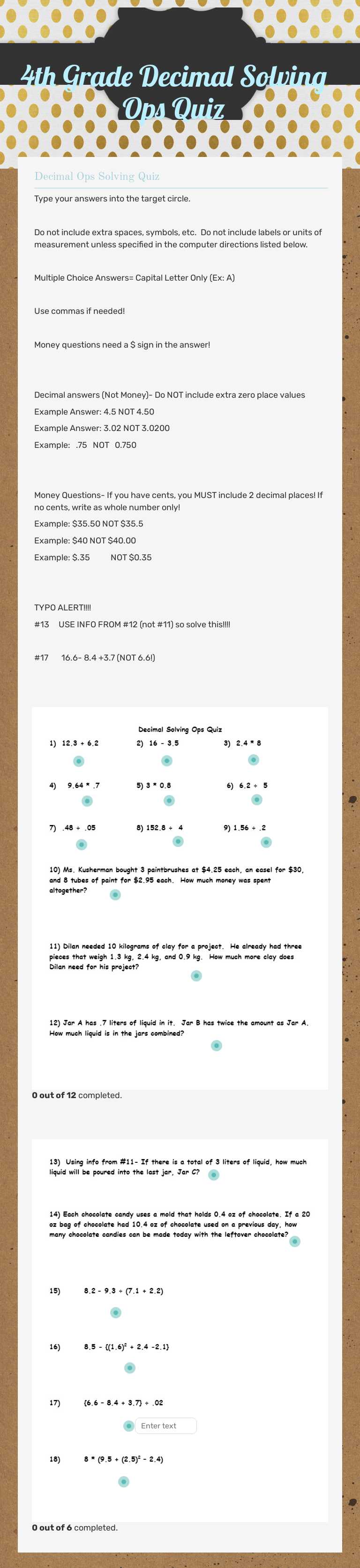 4th Grade Decimal Solving Ops Quiz worksheet preview