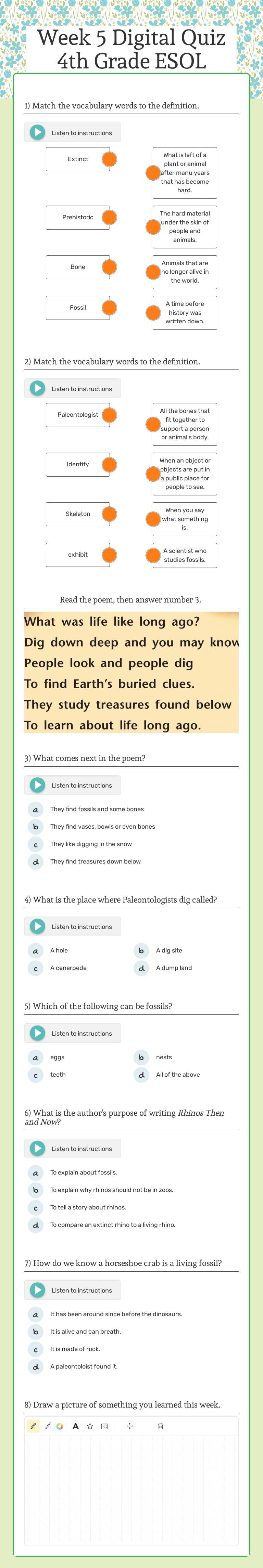 Week 5 Digital Quiz 4th Grade ESOL Grade 4 worksheet preview