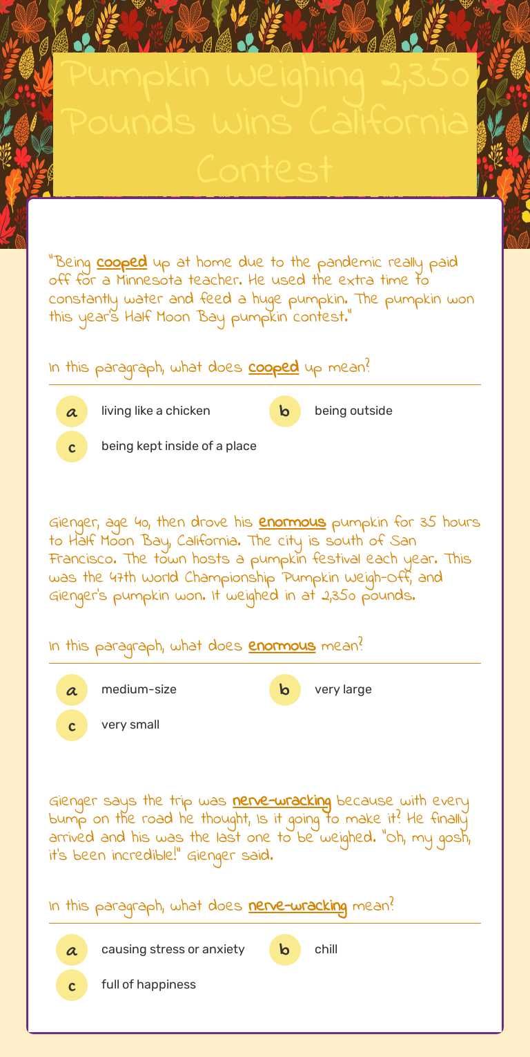 Pumpkin Weighing 2,350 Pounds Wins California Contest worksheet preview image