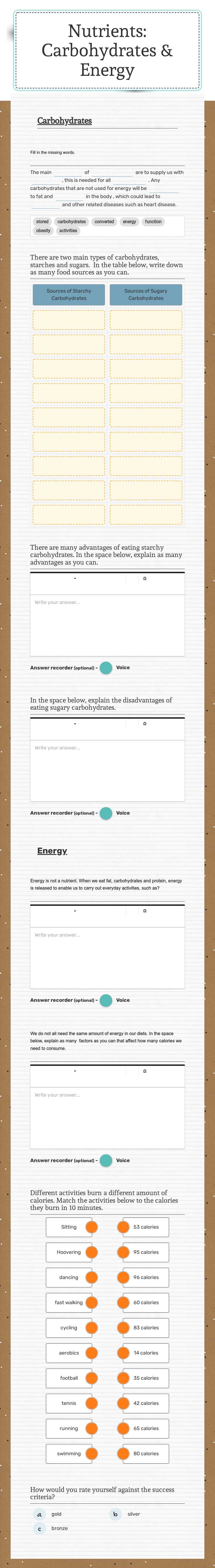 Nutrients: Carbohydrates & Energy worksheet preview image