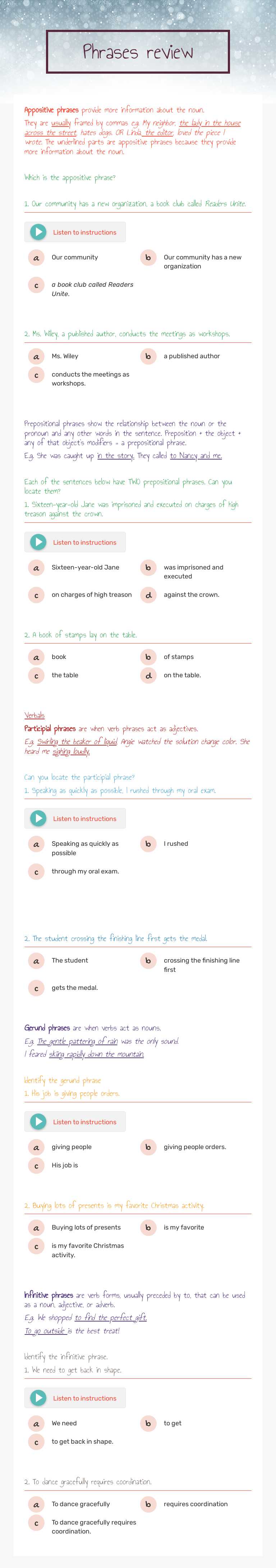 Phrases review Grade 9 worksheet preview