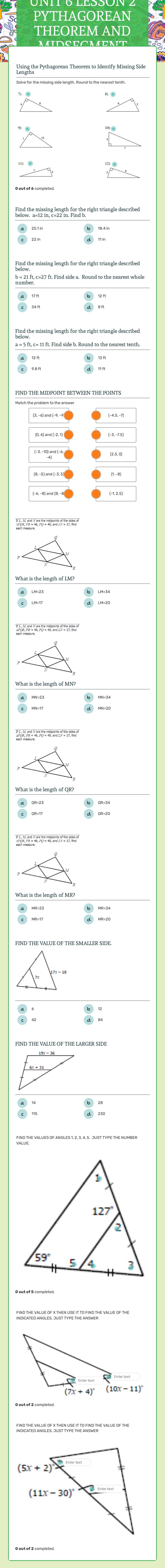 UNIT 6 LESSON 2 PYTHAGOREAN THEOREM AND MIDSEGMENT THEOREM worksheet preview image