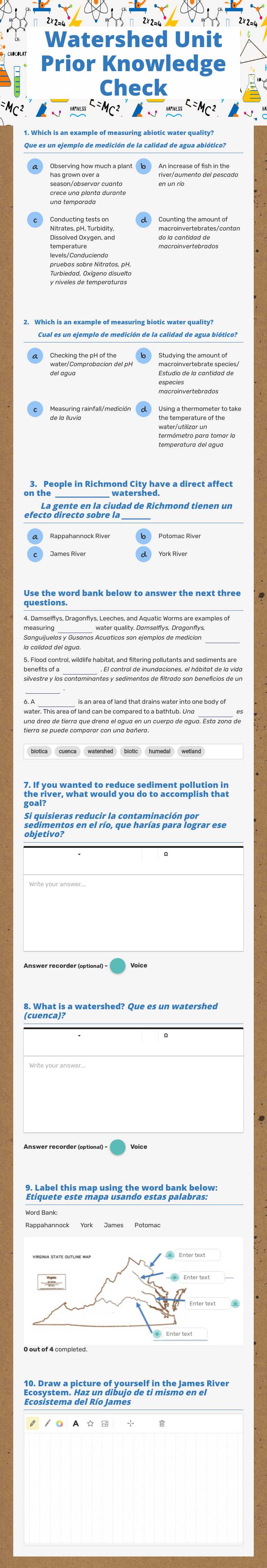 Watershed Unit Prior Knowledge Check worksheet preview image