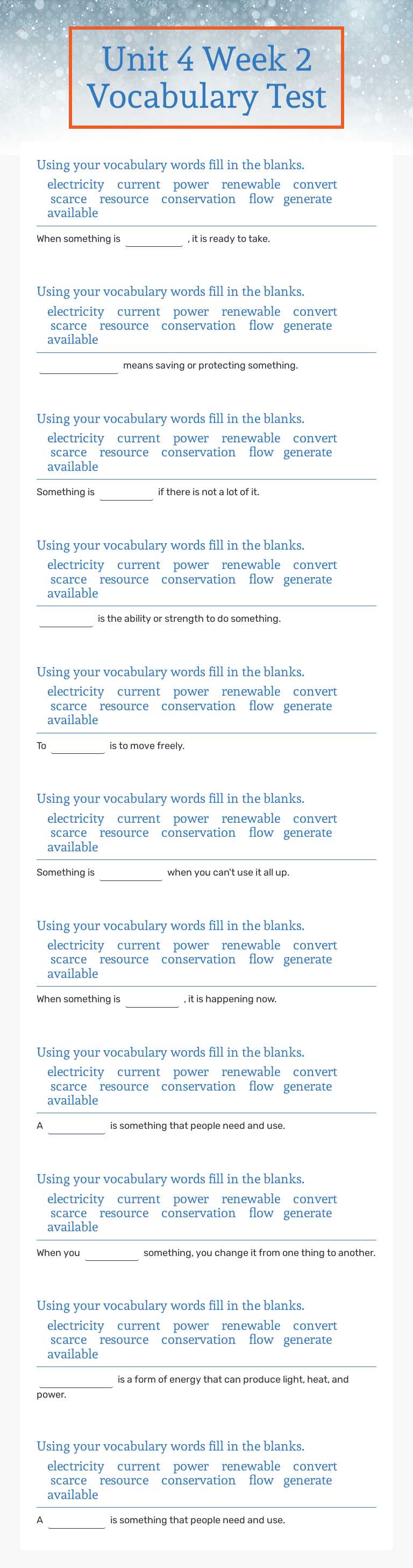 Unit 4 Week 2 Vocabulary Test Grade 4 worksheet preview