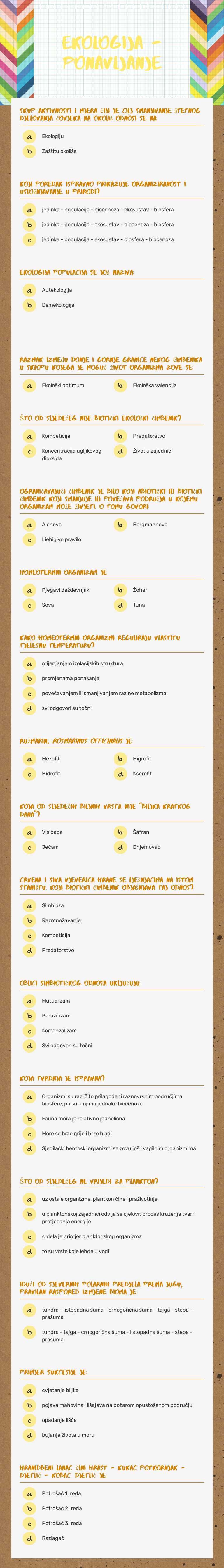 Ekologija - Ponavljanje Grade 12 worksheet preview