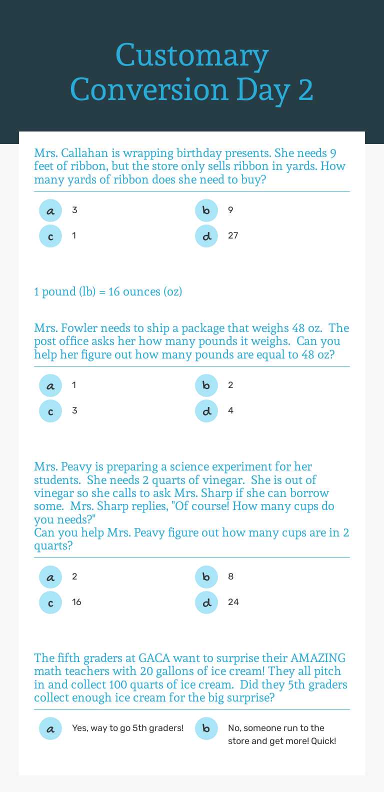 Customary Conversion Day 2 worksheet preview image