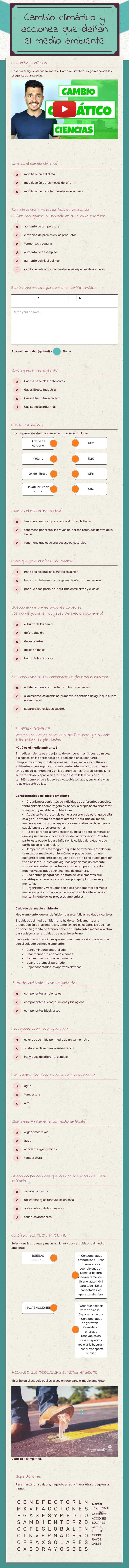 Cambio climático y acciones que dañan el medio ambiente worksheet preview image