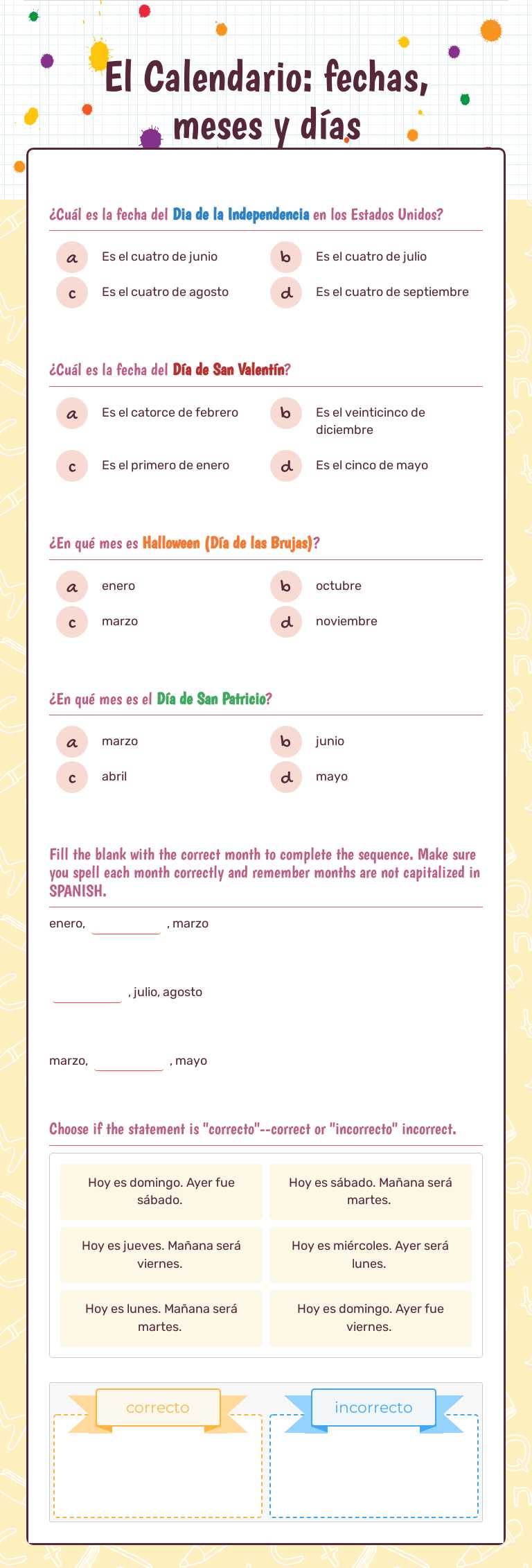 El Calendario:              
 fechas, meses y días worksheet preview image