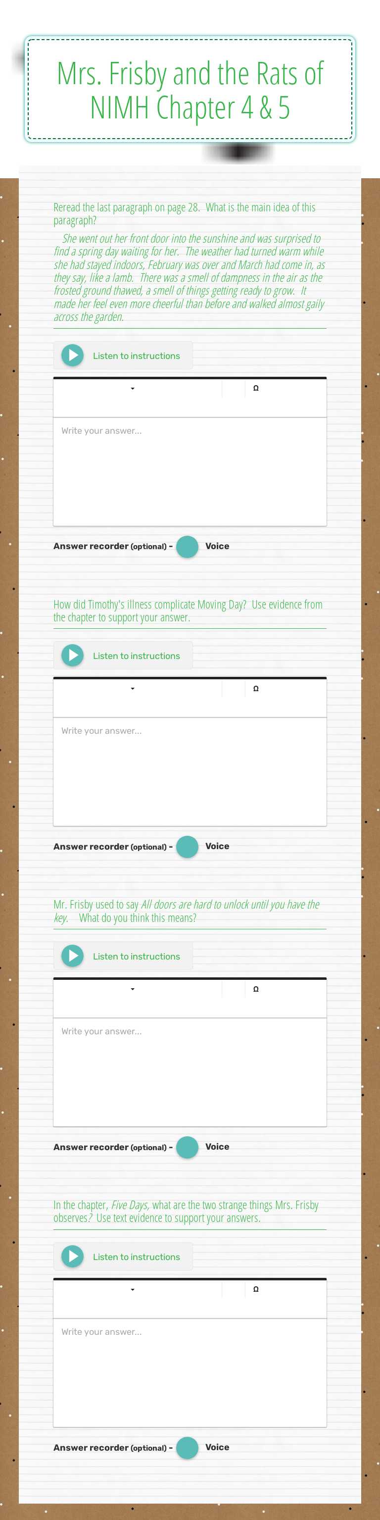 Mrs. Frisby and the  Rats of NIMH         Chapter 4 & 5 worksheet preview