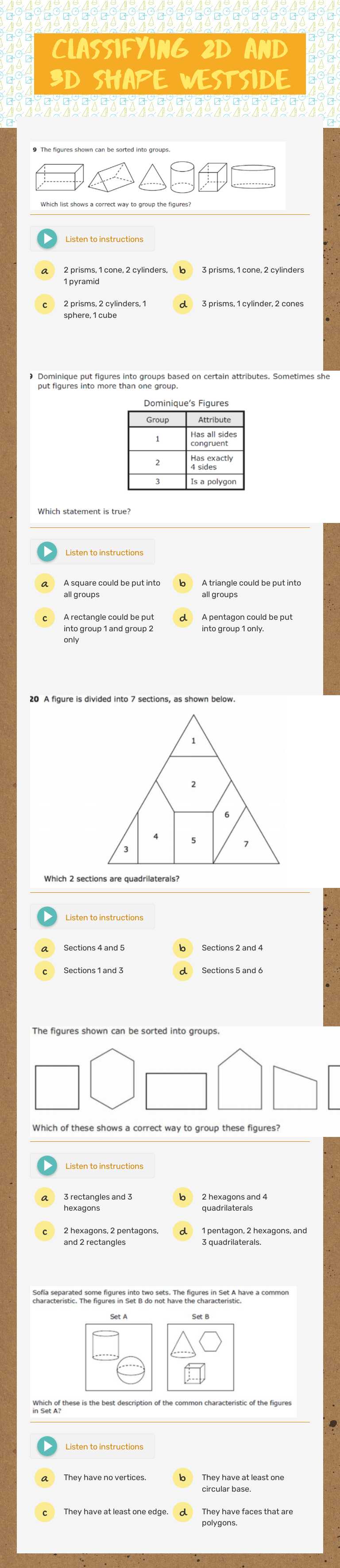 Classifying 2d and 3d shape Westside Grade 3 worksheet preview
