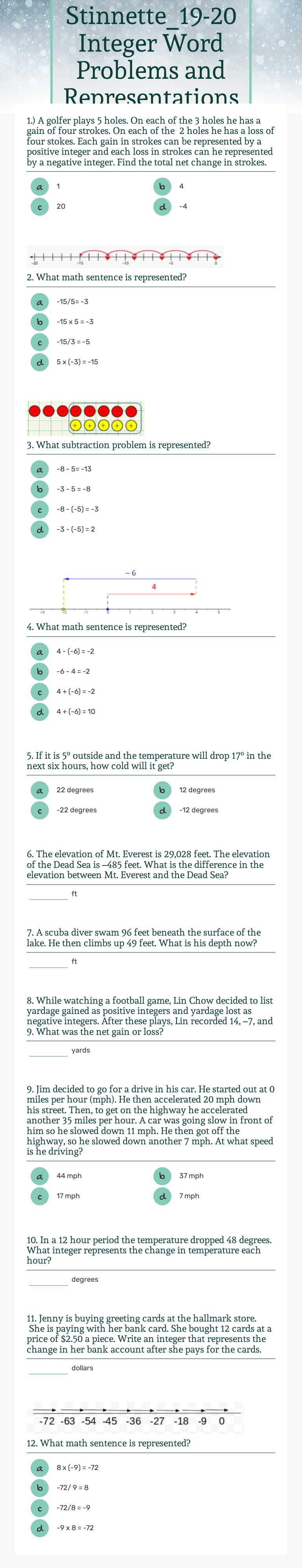 Stinnette_19-20 Integer Word Problems and Representations Grade 6 worksheet preview