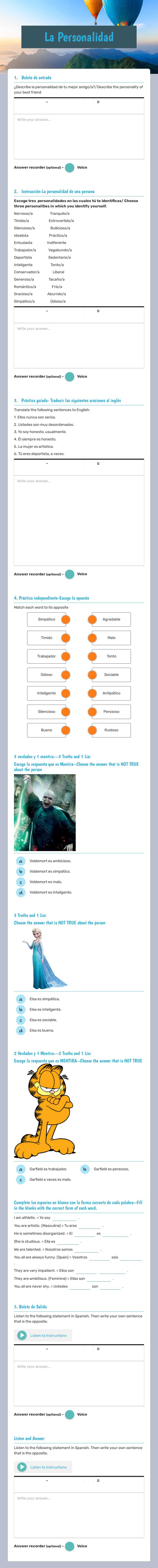 La Personalidad Grade 7 worksheet preview