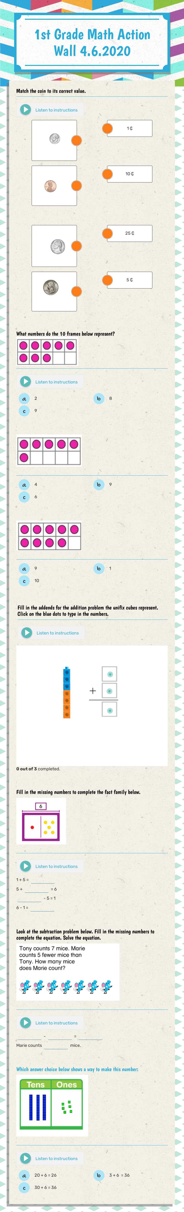 1st Grade Math Action Wall 4.6.2020 Grade 1 worksheet preview