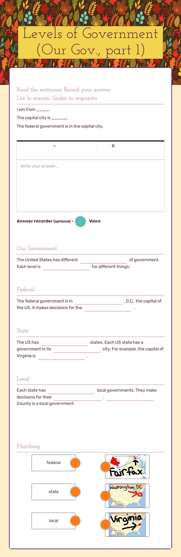 Levels of Government (Our Gov., part 1) worksheet preview image