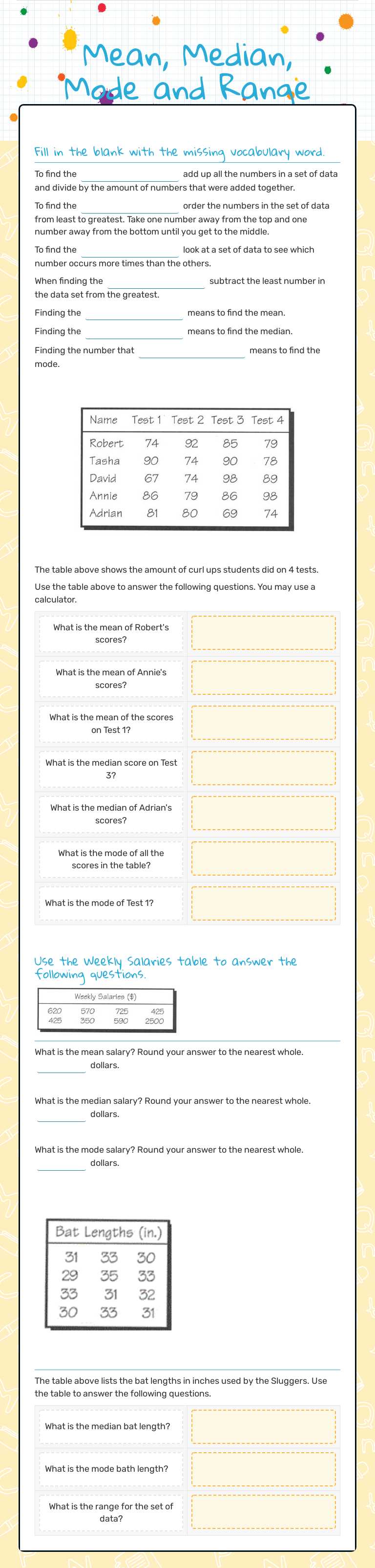 Mean, Median, Mode and Range Grade 6 worksheet preview