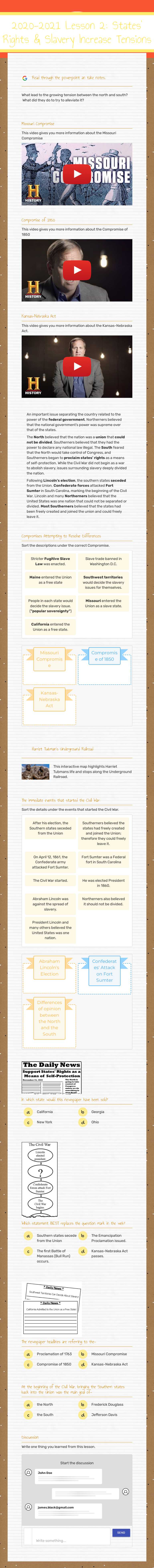 2020-2021 Lesson 2: 
States' Rights & Slavery Increase Tensions worksheet preview image