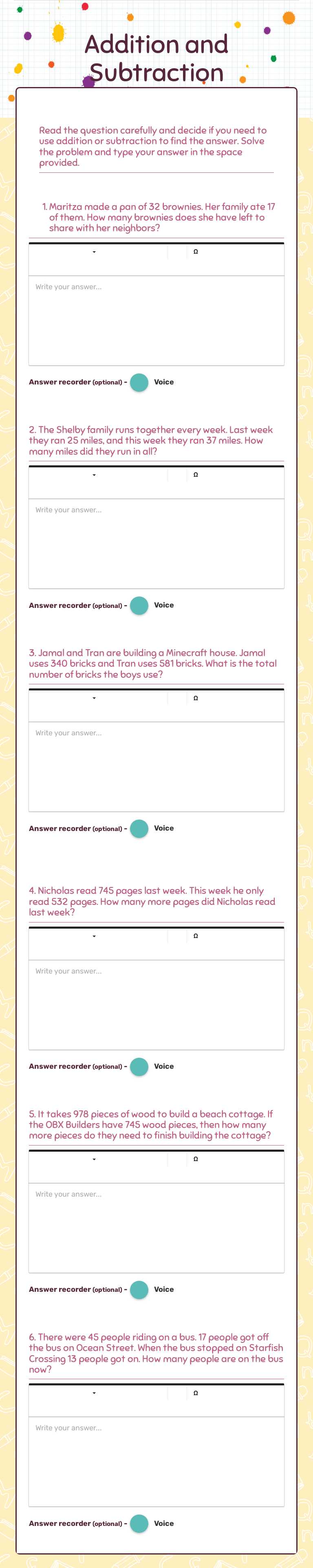 Addition and Subtraction worksheet preview image