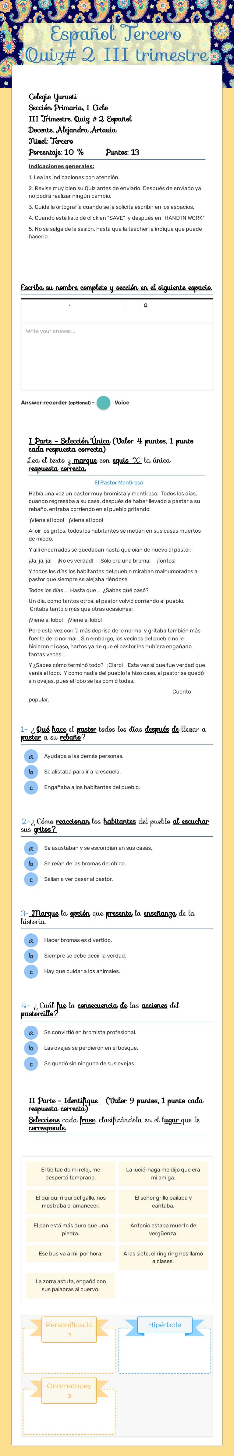 Español Tercero  
          Quiz#2                 III trimestre Grade 3 worksheet preview