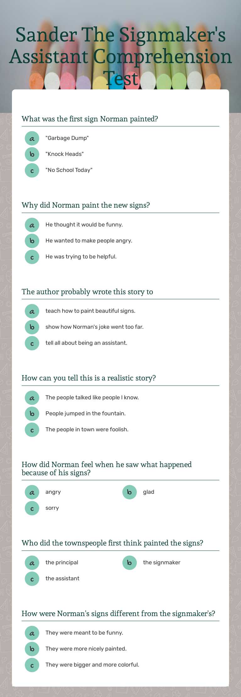 Sander The Signmaker's Assistant Comprehension Test Grade 2 worksheet preview