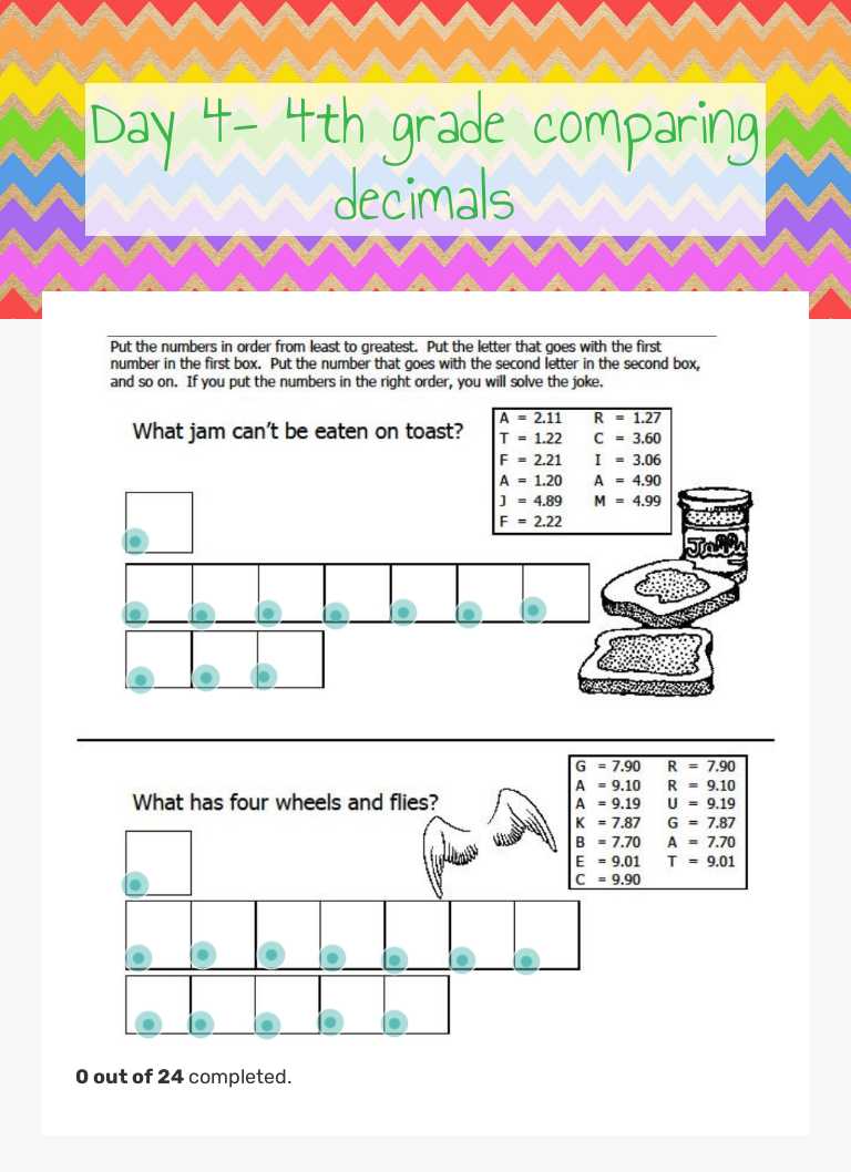 Day 4- 4th grade  comparing decimals worksheet preview image