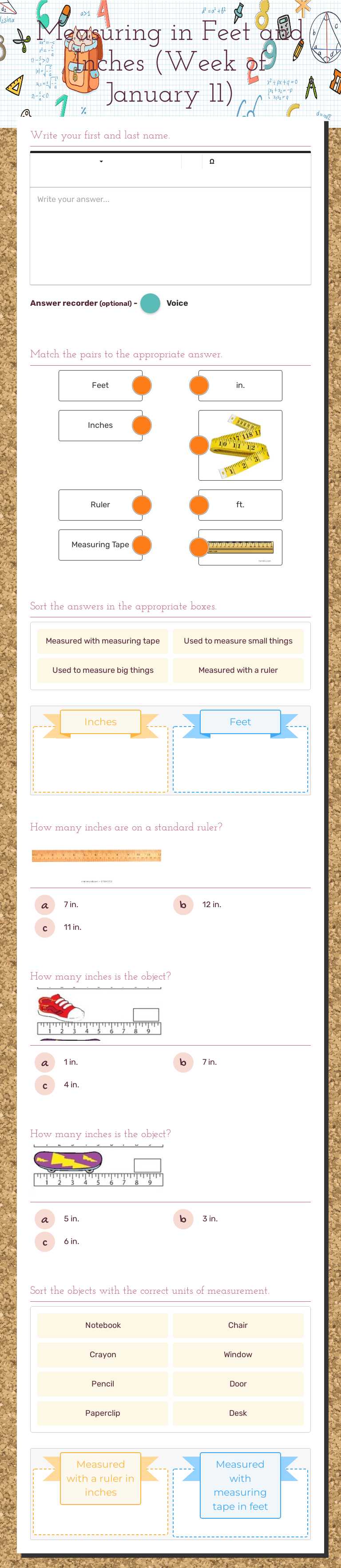 Measuring in Feet and Inches (Week of January 11) worksheet preview image