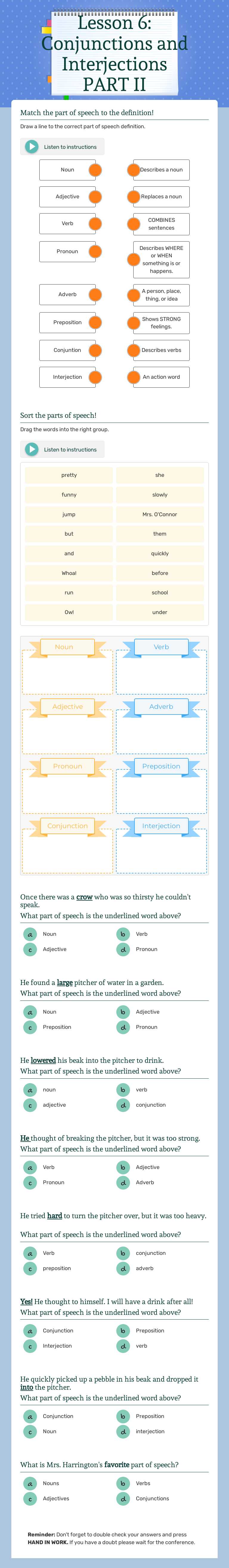 Lesson 6: Conjunctions and Interjections PART II Grade 5 worksheet preview